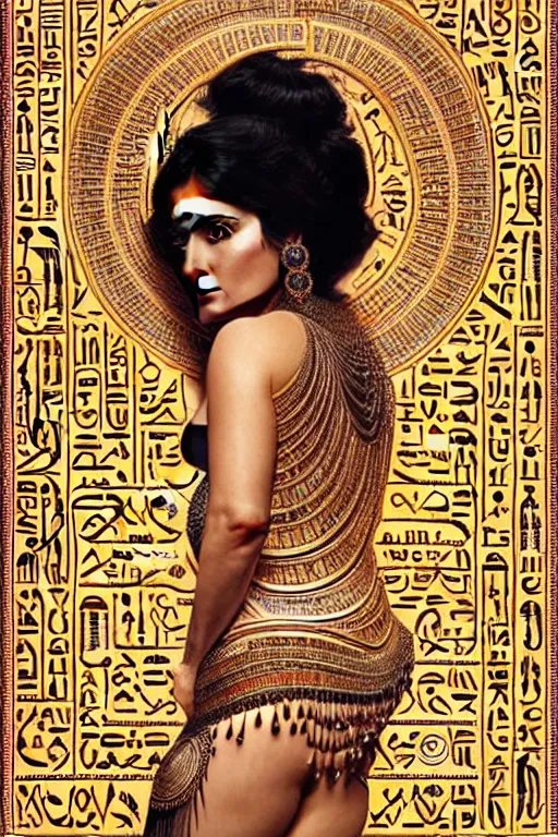 Image similar to Portrait of Salma Hayek as Cleopatra, intricate art deco leaf designs, elegant, highly detailed Egyptian patterns, hieroglyph, sharp focus, art by Artgerm and beeple