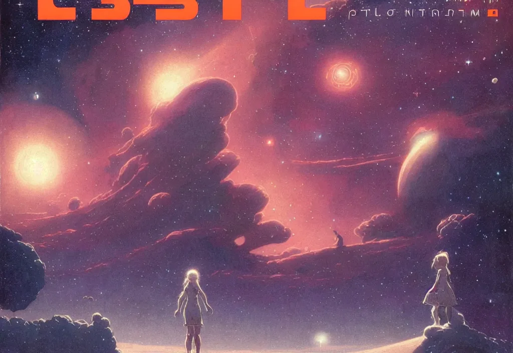 Image similar to illustrated by moebius and greg rutkowski, romantic!!! space scene!! with standing young girl!!!!, orbit of earth!, futuristic orbital station!!!!, nebulae!!, starry sky!!, rule of third!!!!, vintage cover of sci - fi magazine, cinematic!!