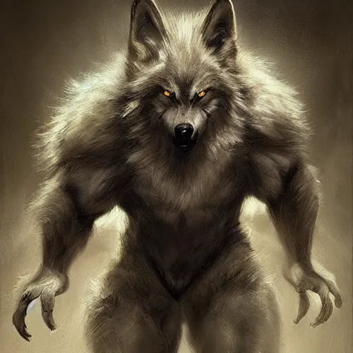 Prompt: wolf werewolf wolfman furry hairy fluffy bodybuilder monster scary creature. natural lighting by ruan jia, portrait