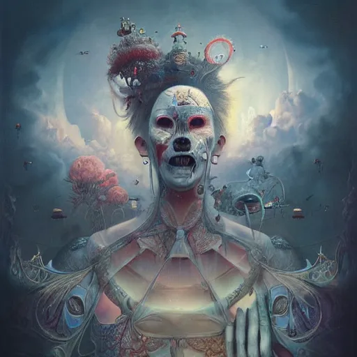 Prompt: ultra realist soft painting of a curiosities carnival by night, nightmare fuel, omnious sky, symmetry accurate features, very intricate details, film noir, volumetric clouds, desolated world, Tom Bagshaw