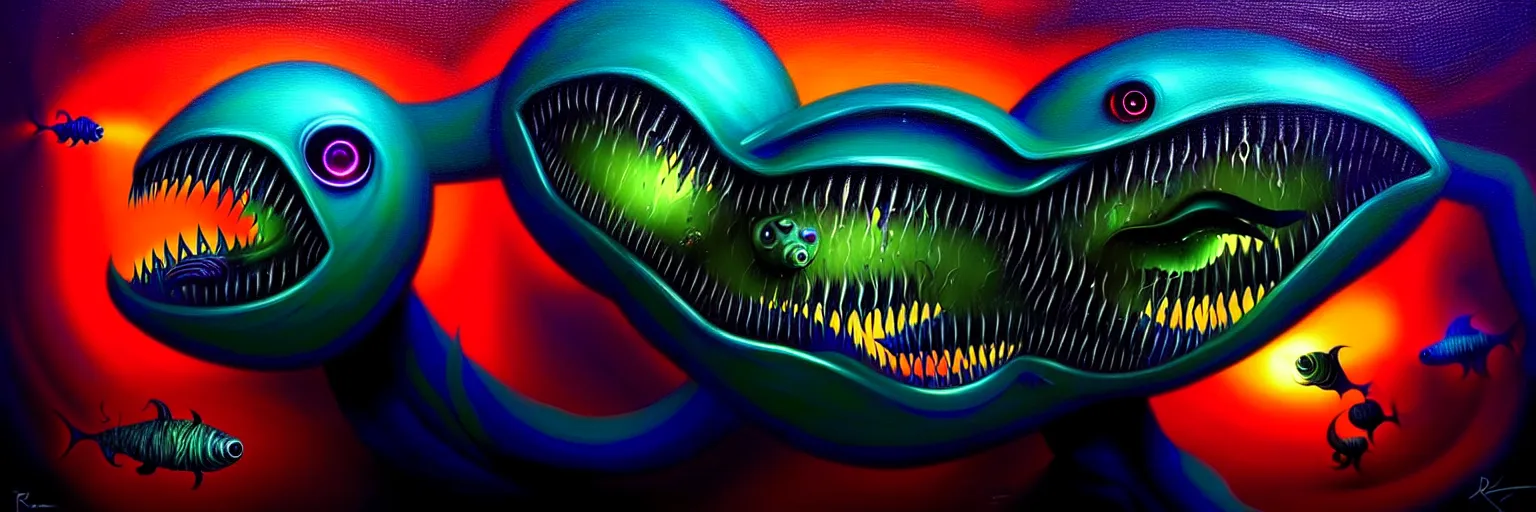 Image similar to strange alien fish creatures from the depths of the collective unconscious, dramatic lighting, surreal darkly colorful painting by ronny khalil