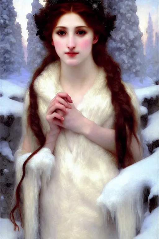 Image similar to snow queen in furry ice cold, painting by rossetti bouguereau, detailed art, artstation