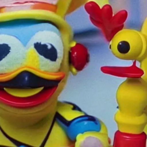 Image similar to duck creature, toy commercial from the 90s, vhs footage, haunted