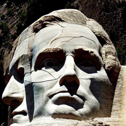 Image similar to donald trump's face carved into the rock on mount rushmore. the photo clearly depicts donald trump's facial features next to other former presidents, at a slightly elevated level, depicting his particular hair style carved into the stone at the mountain top, centered, balances, regal, pensive, powerful, just