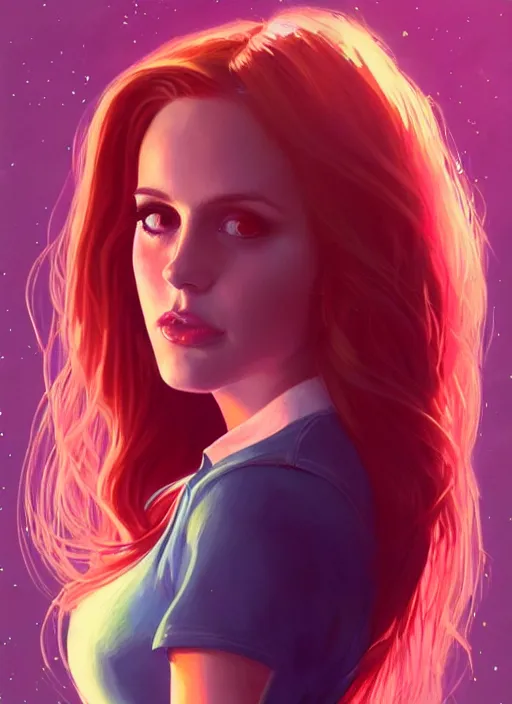 Image similar to full body portrait of teenage cheryl blossom, bangs, green eyes, sultry expression, red hair, sultry smirk, bangs and wavy hair, pink skirt, intricate, elegant, glowing lights, highly detailed, digital painting, artstation, concept art, smooth, sharp focus, illustration, art by wlop, mars ravelo and greg rutkowski