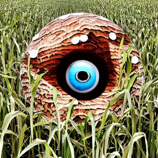 Prompt: model of a giant eyeball! in a farmers corn field