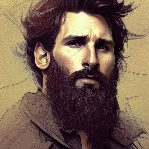 Image similar to Messi with a majestic beard, closeup, D&D, fantasy, intricate, elegant, highly detailed, digital painting, artstation, concept art, matte, sharp focus, illustration, art by Artgerm and Greg Rutkowski and Alphonse Mucha