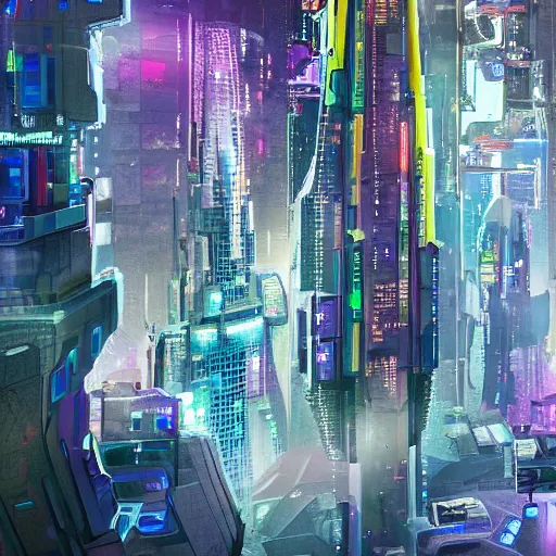 Prompt: a translucent miniature spaceship made of microscopic, multi-colored glitter flies between skyscrapers in a cyberpunk city of the future