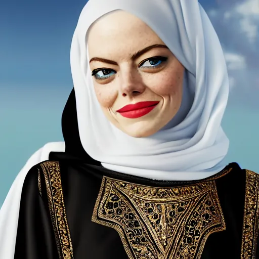 Prompt: A portrait of Emma Stone wearing Black Arabian Abaya, high quality, fully detailed, 4k, volumetric lightening