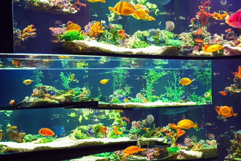 Image similar to aquarium surrounded by mirrors, 85mm