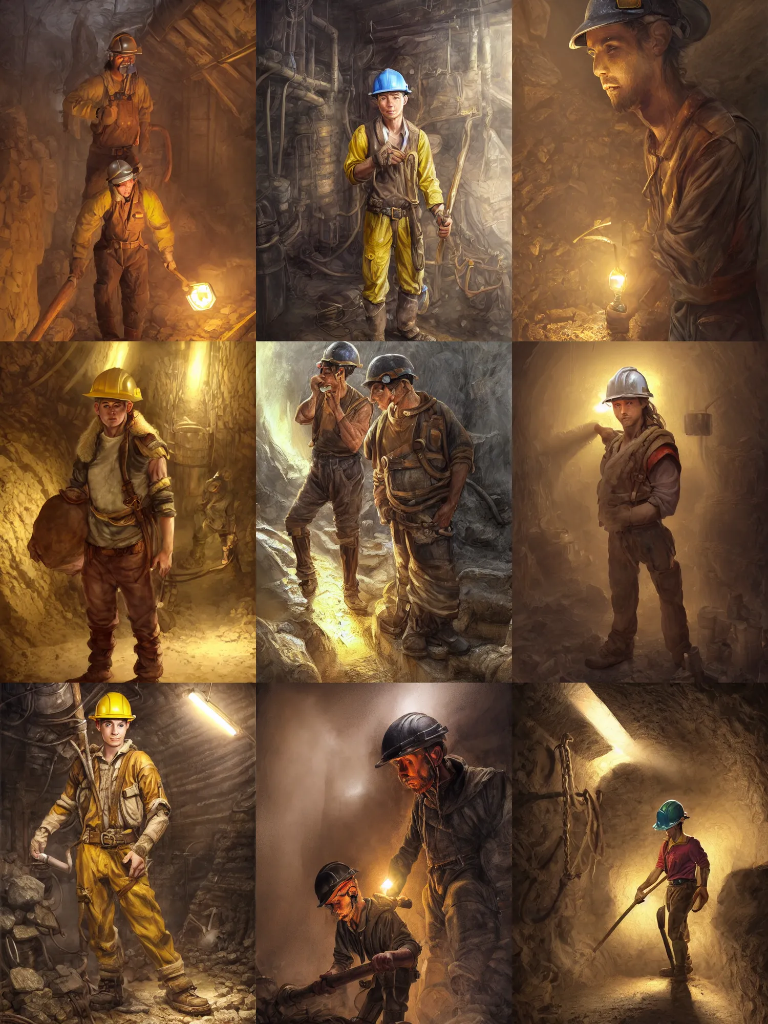 Prompt: picture of male miner young elf inside a gold mine, burly, work clothes, safety helmet, light skin, dark yellowhair, ponytail, sweat, dirty clothes, high fantasy, highly detailed, detailed faces, smooth, sharp focus, chiaroscuro, dnd, digital painting, concept art, rossdraws and moebius and jon mcnaughton