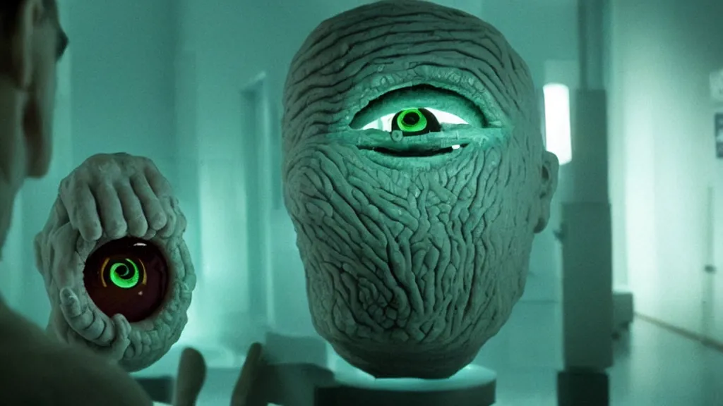 Prompt: the creature at the doctor's office, made of glowing wax and ceramic, they look me in the eye, film still from the movie directed by denis villeneuve and david cronenberg with art direction by salvador dali, wide lens