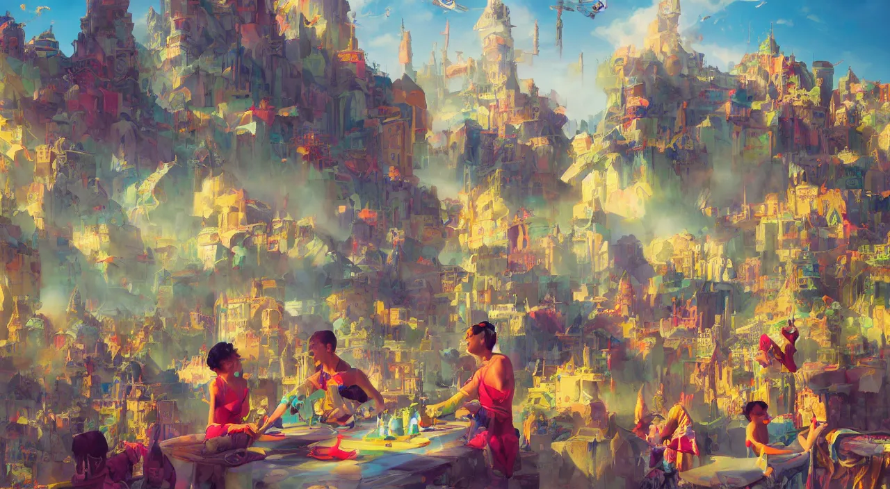 Image similar to bazaar zouk oriantal multicolorful sky shine place mosquet painting, sunny day, matte painting, bold shapes, hard edges, street art, trending on artstation, by huang guangjian and gil elvgren and sachin teng