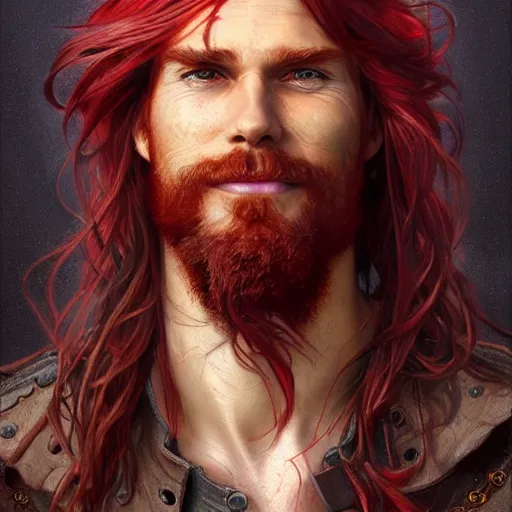 Image similar to portrait of a young ruggedly handsome but joyful pirate, male, masculine, upper body, red crimson hair, long flowing hair, fantasy, wide grin, intricate, elegant, highly detailed, digital painting, artstation, concept art, matte, sharp focus, illustration, art by artgerm and greg rutkowski and alphonse mucha