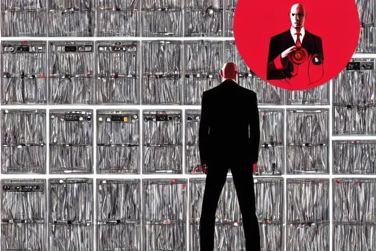 Image similar to an expressive portrait of agent 4 7 from hitman wearing headphones standing in front of a wall of vinyl records, speakers and cables, dark background, red rim light, digital art, artstation, concept art by giger stalenhag