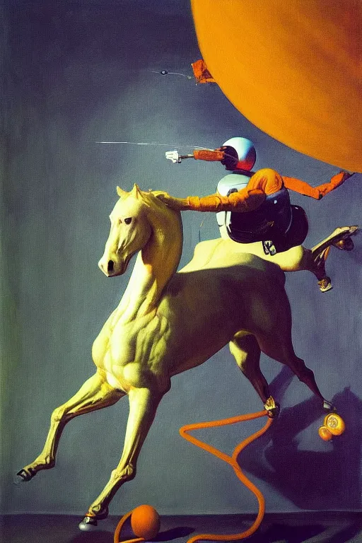 Prompt: horse levitates over an astronaut, hauntingly surreal, highly detailed painting by francis bacon, edward hopper, adrian ghenie, gerhard richter, and james jean soft light 4 k,