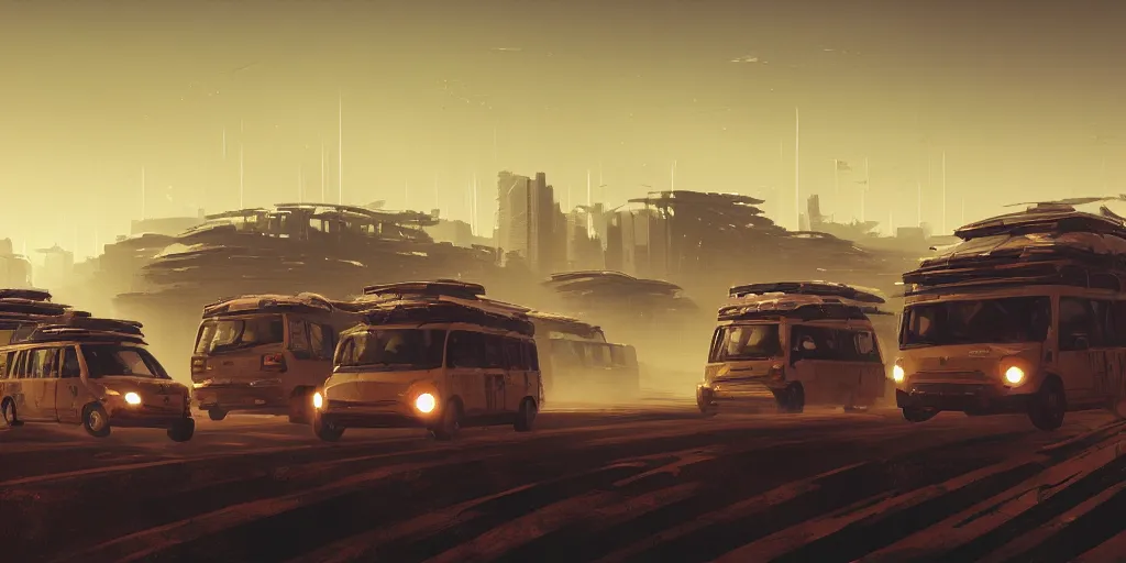 Prompt: a still from elysium by ian mcque - toyota mini - buses battling each other, dusty terrain, highway overpass interchange in the distance, dramatic lighting, medium 5 0 mm lens, low camera angle, behance favourite, artstation trending, deviant art, evening,