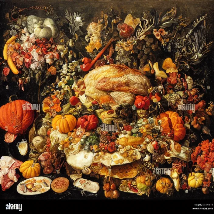 Image similar to victorian thanksgiving feast, cornucopia, black background, vanitas, a still life by giuseppe arcimboldo, a flemish baroque by jan davidsz. de heem, intricate high detail masterpiece