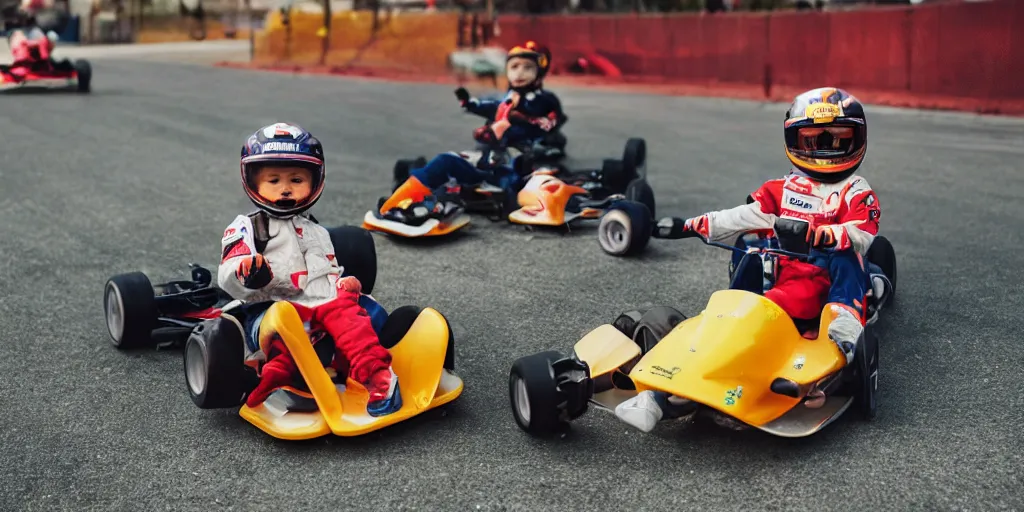 Prompt: photos of toddlers dressed as formula one drivers at a go - kart race, in the style of national geographic, soft focus, golden hour