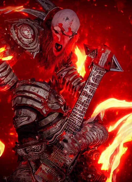 Prompt: red face paint armored screaming kratos rocking out on a flaming stratocaster guitar, cinematic render, god of war 2 0 1 8, playstation studios official media, lightning, flames, left eye red stripe, red left eye stripe, left eye red stripe, red left eye stripe, clear, coherent