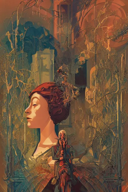 Prompt: poster artwork by Michael Whelan and Tomer Hanuka, Karol Bak of collective neurological consciousness as imagined by Carl Jung, from scene from Carnivale, clean, simple illustration, nostalgic, domestic, full of details