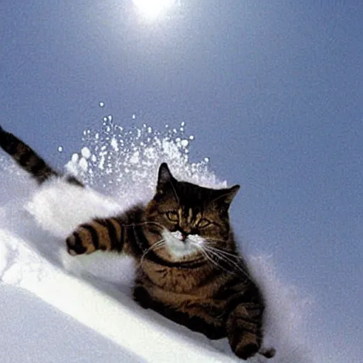 Image similar to a cat skiing down a mountain