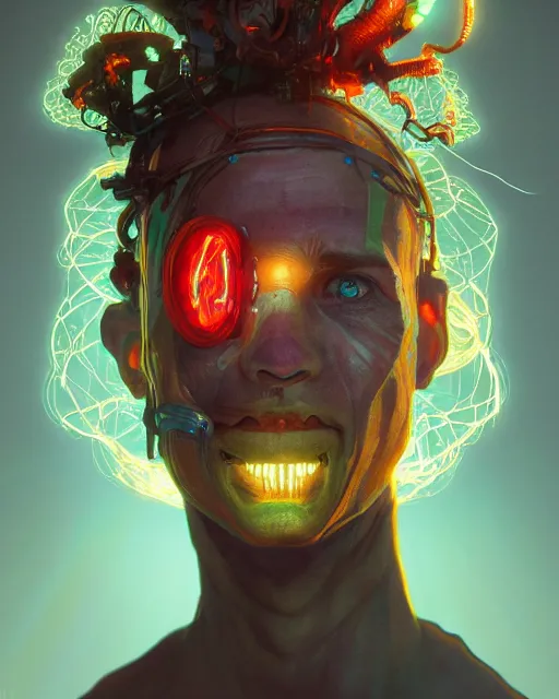 Image similar to portrait of a patchwork boy, bioluminescent, wires, horror, asymmetrical art, highly detailed, concept art, cinematic, hyperrealism, epic, art by stanley lau and artgerm and magali villeneuve and alphonse mucha and pixar, artstation, octane render, cgsociety