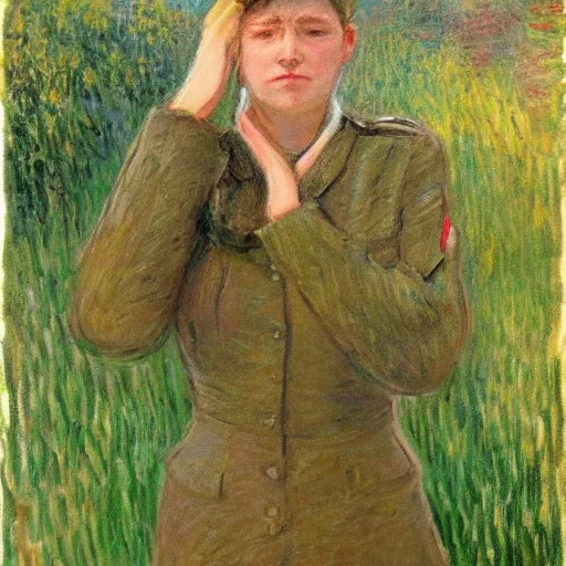 Image similar to a female soldier holding a a stapler to her own head and looking depressed by monet realistic, high details