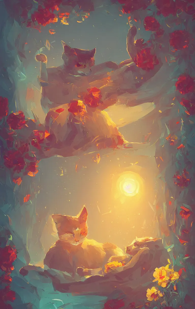 Image similar to a digital art of a cat sleeping in the room with flowers around in the afternoon, the sun shines in, animal, light effect, highly detailed, by anton fadeev