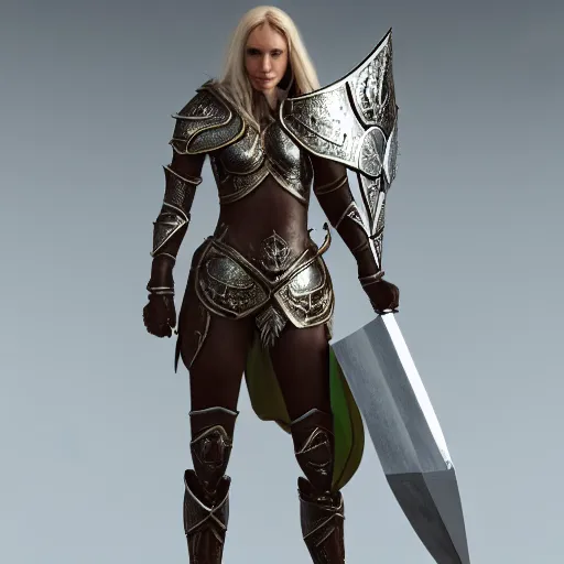 Image similar to full - body shot of a powerful elven female knight with a shield and a sword, ultra - hd, hcl, 1 2 - bit, ar, volumetric lighting, screen space global illumination, opaque, optics, lumen reflections, vfx, insanely detailed and intricate