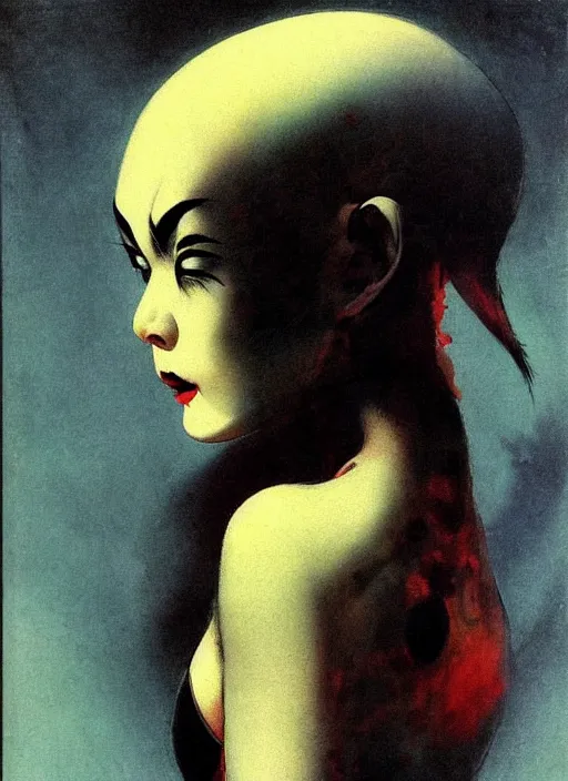 Prompt: portrait of bald korean vampiress, strong line, saturated color, beautiful! coherent! by frank frazetta, high contrast, minimalism