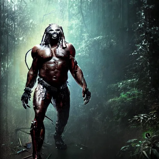 Image similar to predator from movie, full body picture, wide angle view, sci-fi, high definition details hyperrealistic, digital art, artstasion, deep depth of field