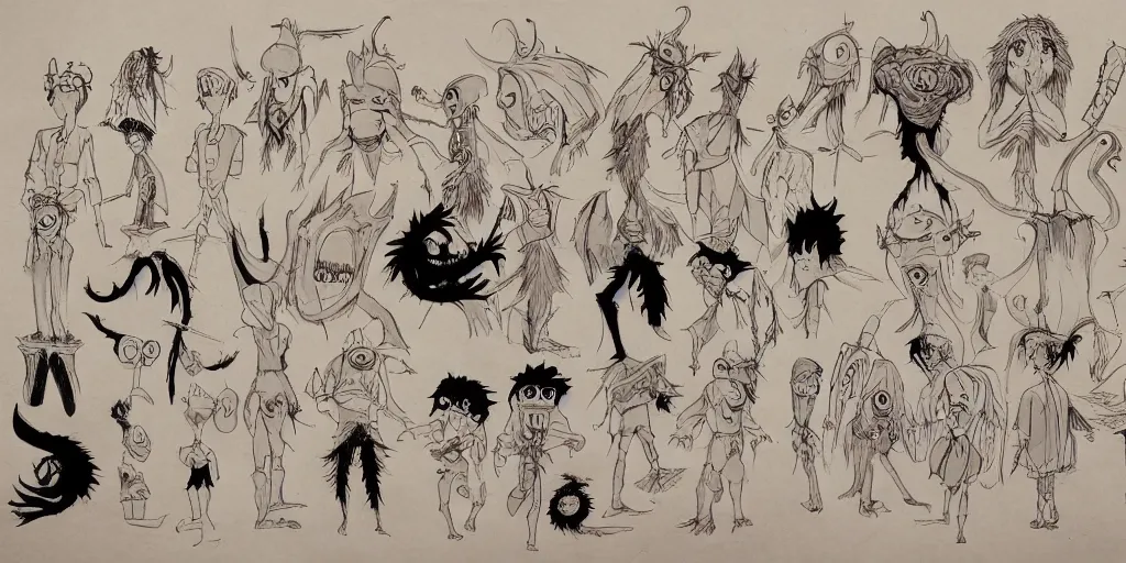 Prompt: monster concept art character sheet for animated films made by studio ghibli