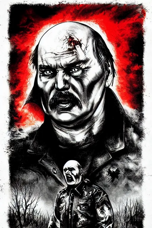 Image similar to lukashenka went to hell, art in the style of a poster for horror films in a cinema, detailed art in color