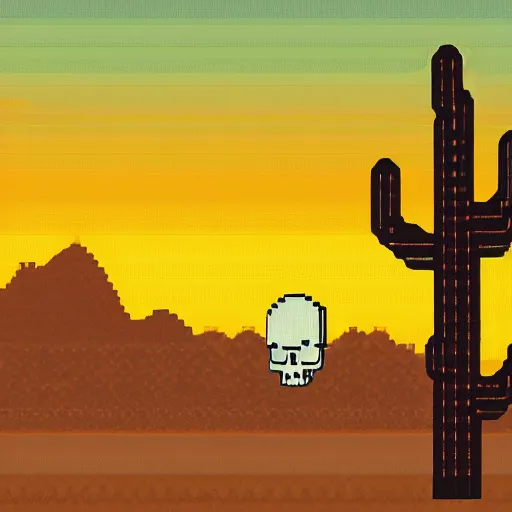 Prompt: A desert at sunset, mesa, cactus, animal skull, pixel art, artstation