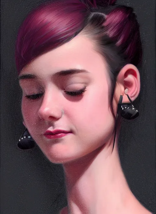 Image similar to portrait of teenage girl, realistic, black hair, bangs, half updo hairstyle, pointy nose, skinny, smile, ugly, defined jawline, big chin, pink hair bow, earrings, intricate, elegant, glowing lights, highly detailed, digital painting, artstation, sharp focus, illustration, art by wlop, mars ravelo and greg rutkowski