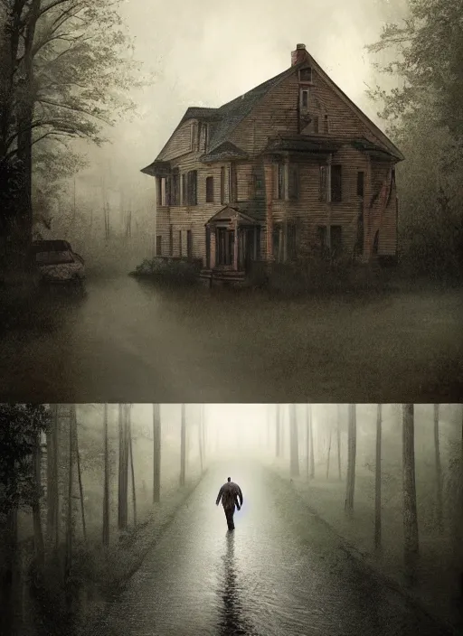 Image similar to jason voorhees standing in front of a house on a rainy day, a digital rendering by gregory crewdson, trending on cgsociety, american scene painting, ominous vibe, matte drawing, atmospheric