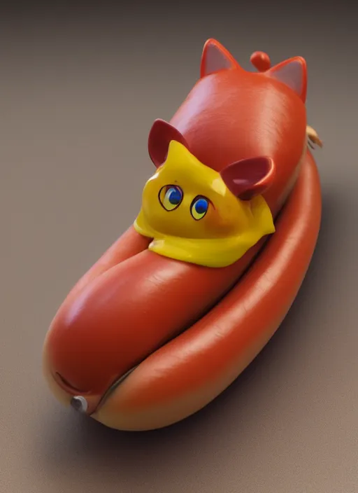 Image similar to plastic cat looking like a hotdog, photorealism, canon r 3, symmetry, octane render, unreal engine, dramatic lights, professional studio photo