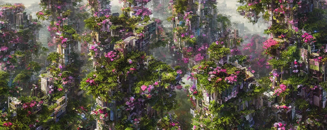 Prompt: skyscrapers made of flowers and leaves, [ cinematic, detailed, epic, widescreen, opening, establishing, mattepainting, photorealistic, 4 k, octane render, art by greg rutkowski ]