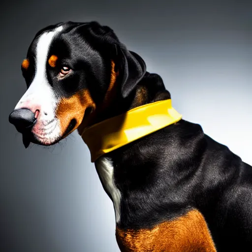 Prompt: a high detail shot of a big swiss mountain dog wearing a hazmat suit,studio photograph,professional photography,studio lighting,professional lighting,3 point lighting,hyperdetailed,photorealistic,50mm lens,detailed face