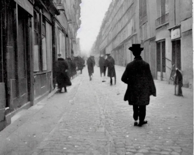 Image similar to a ragged clothed man begging on a street in early 2 0 th century paris. he has a top hat. street lights. evening. warm atmosphere. epic scene.