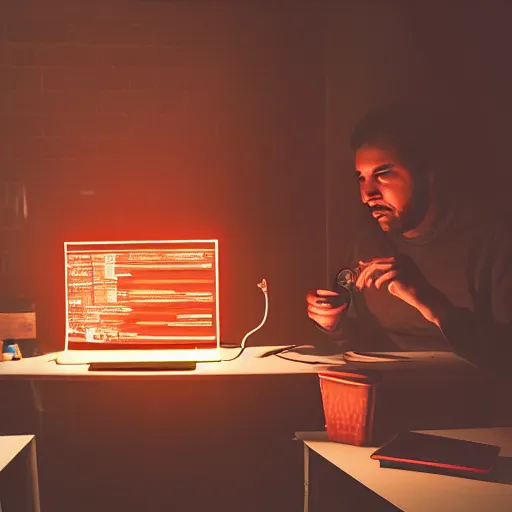 Image similar to Award-winning photograph of an software developer coding in a dimly light office with neon lights, coffee cups covering the floor, cinematic, 8k, ultra realistic