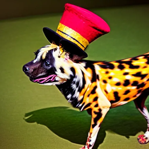 Image similar to The world's greatest showman: the african painted dog dressed in a hat!