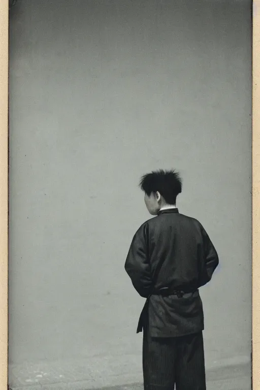 Prompt: photograph of a Japanese man on a street corner, back view, professional photograph, artistic, cityscape