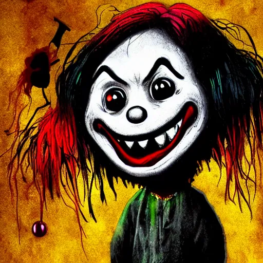 Prompt: grunge drawing of a happy clown in the style of the grudge | horror themed | loony toons style