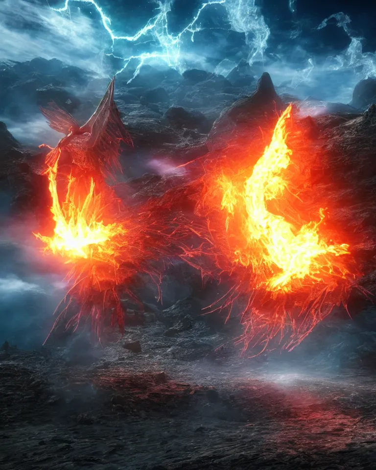 Prompt: a photoreaslistic render of a single burning steel ethereal phoenix rising out of the ground, ethereal lighting, pixie dust magic, brilliant glow, cinematic, magic particles, epic scale ultrawide angle, deep vivid colors, explosive energy, like elder scrolls and elden ring and lord of the rings, bursting with debris and pebbles and dust clouds and ash