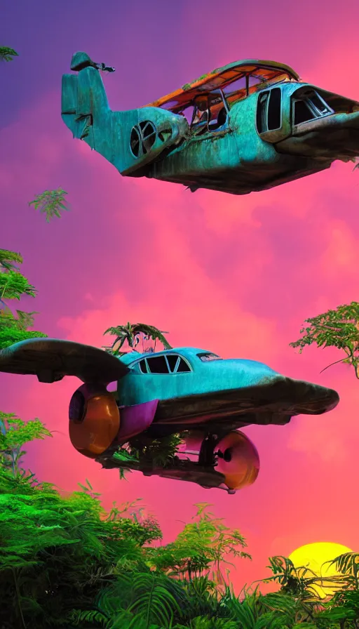 Image similar to a sci fi rusty flying car floating in a prehistoric jungle cave, lush flora, waterfall, magenta flowers, orange sky, teal clouds, sunset, hazy, volumetric lighting, rtx on, photorealistic render, unreal engine 5