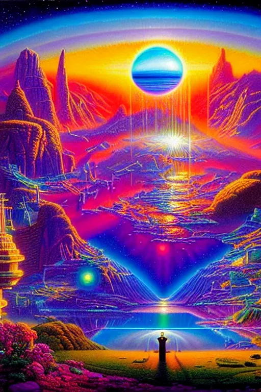 Prompt: a 3 d photorealistic detailed image of a beautiful vibrant iridescent future for human evolution, spiritual science, visionary divinity, visual utopian, by david a. hardy, kinkade, lisa frank, wpa, public works mural, socialist