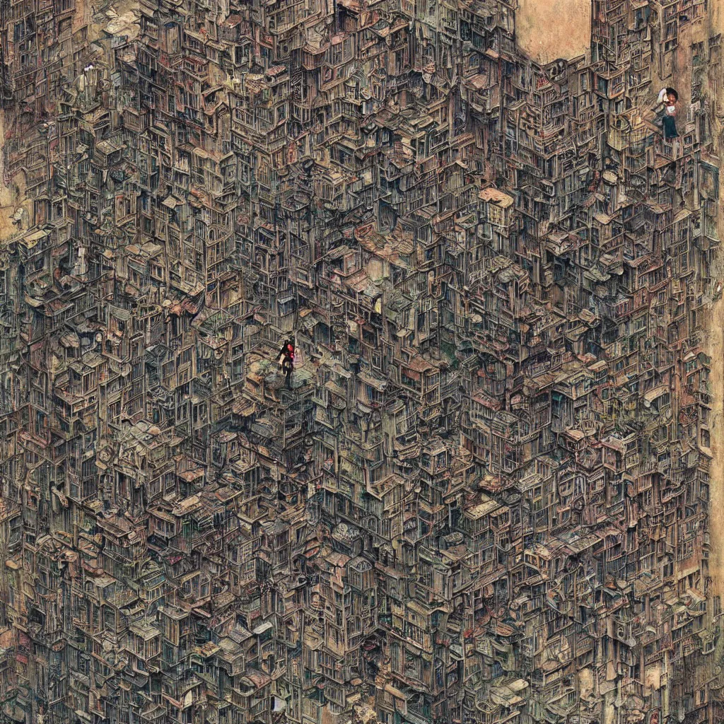 Image similar to woman in a dress shaped like the kowloon walled city by james gurney