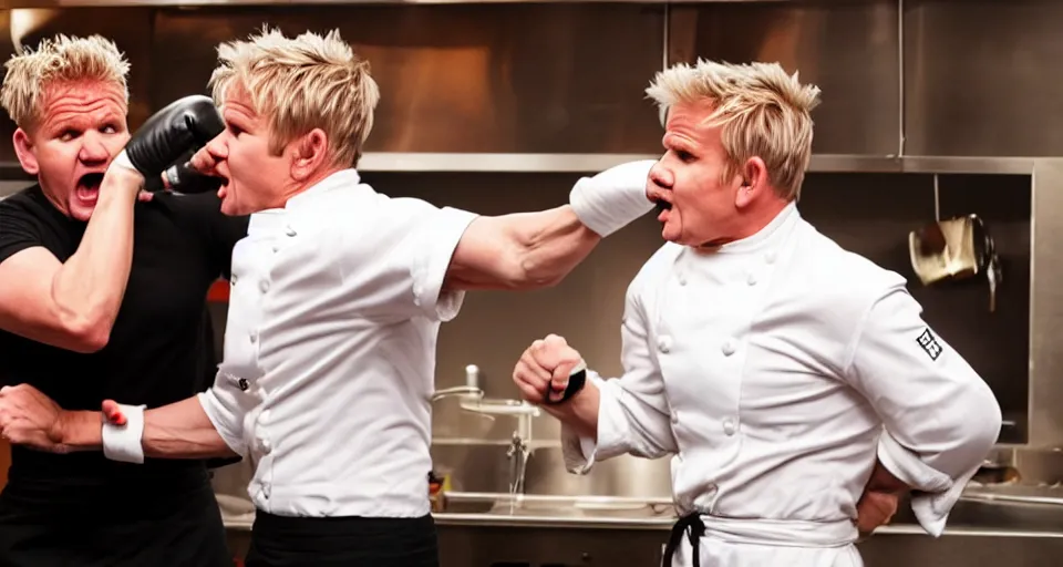 Image similar to photo of angry furious Gordon Ramsay punching Gordon Ramsay at the kitchen